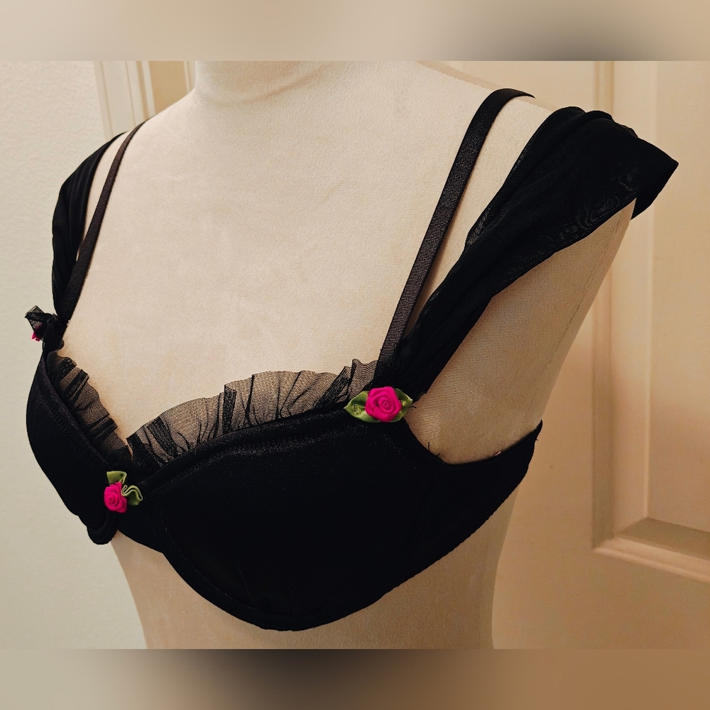 Sugar Thrillz Forbidden Fling Satin Bra w Lace, Rose Buds, Drape Sleeves Ruffles - Picture 3 of 14